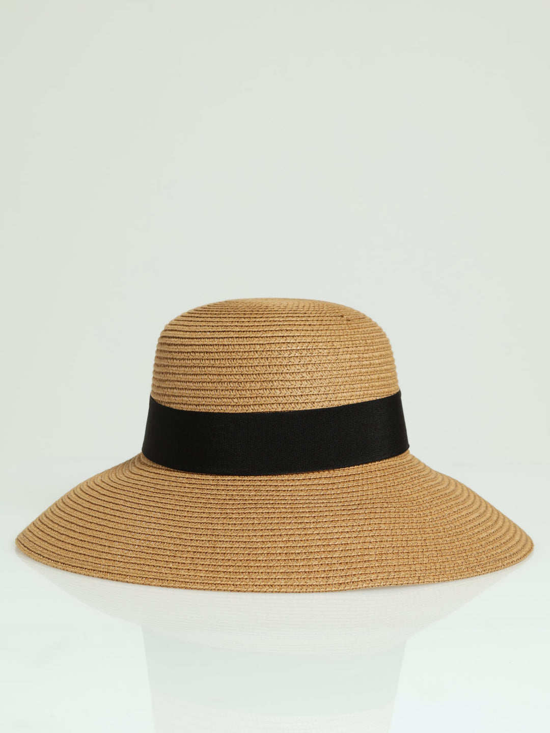 Black Ribbon Turned Down Straw Hat - Caramel