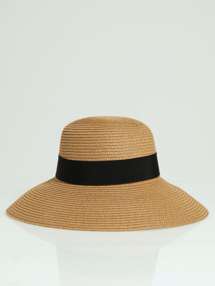 Black Ribbon Turned Down Straw Hat - Caramel