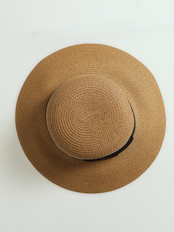 Black Ribbon Turned Down Straw Hat - Caramel