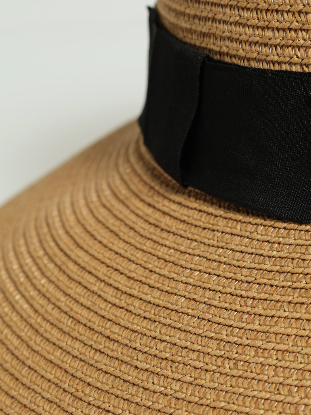 Black Ribbon Turned Down Straw Hat - Caramel