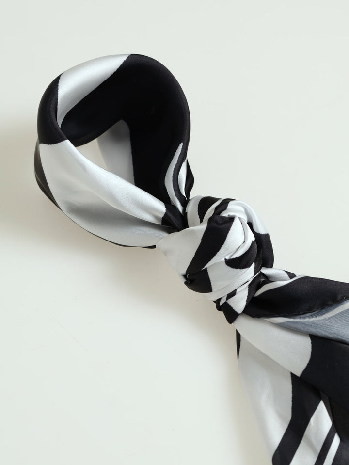 Colour Block Floral Border Print Satin Feel Scarf - Black/White