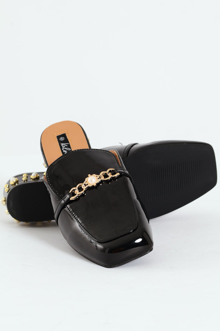 Push In Loafer With Heel Embellishments - Black