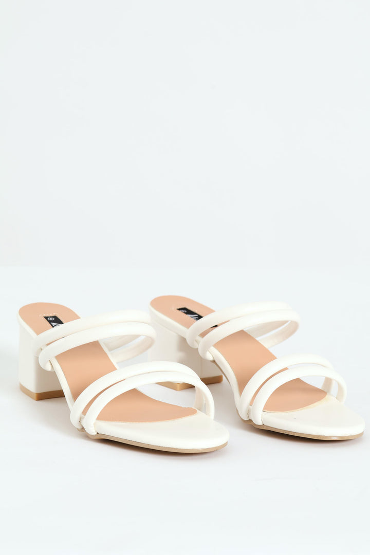 Multi Strap Kitten Block Mule Heel - White