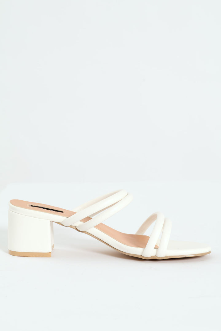 Multi Strap Kitten Block Mule Heel - White