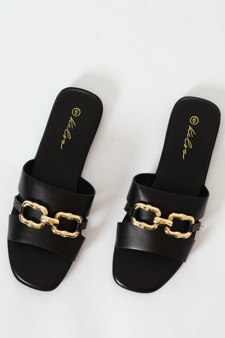 Gold Chain Detail Open Toe Mule Sandal - Black