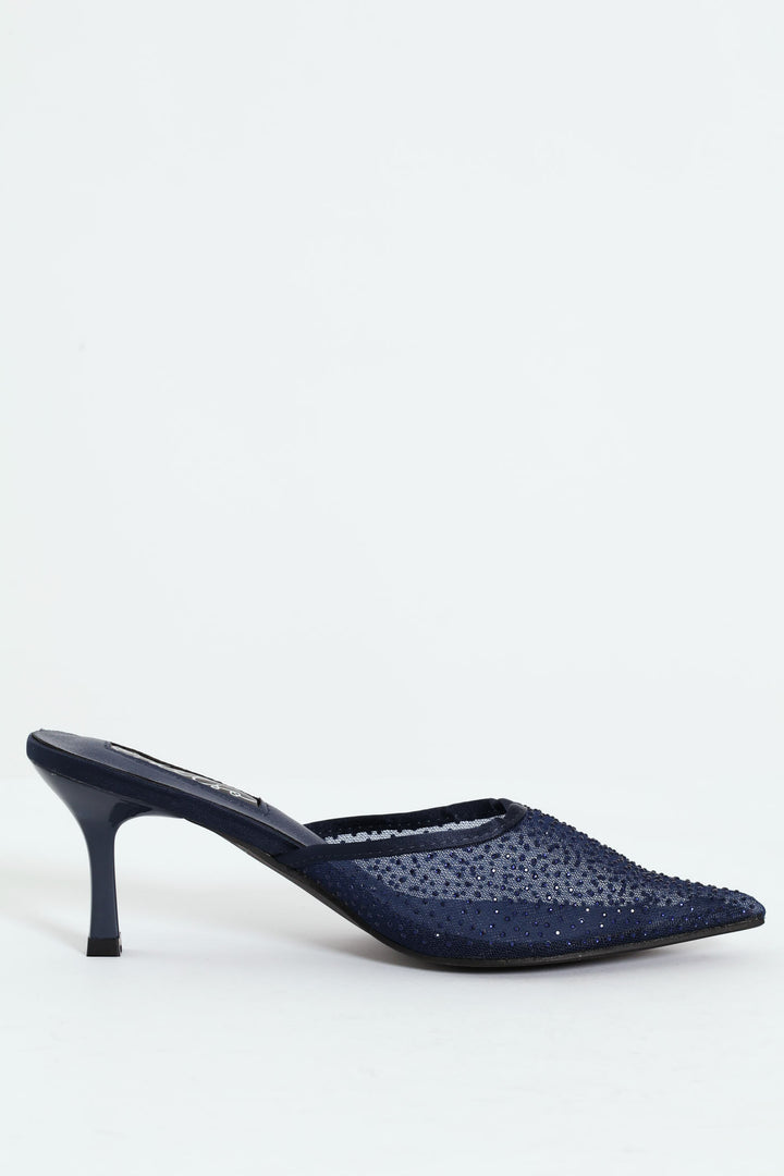 Studded Mesh Kitten Heel - Navy/Blue