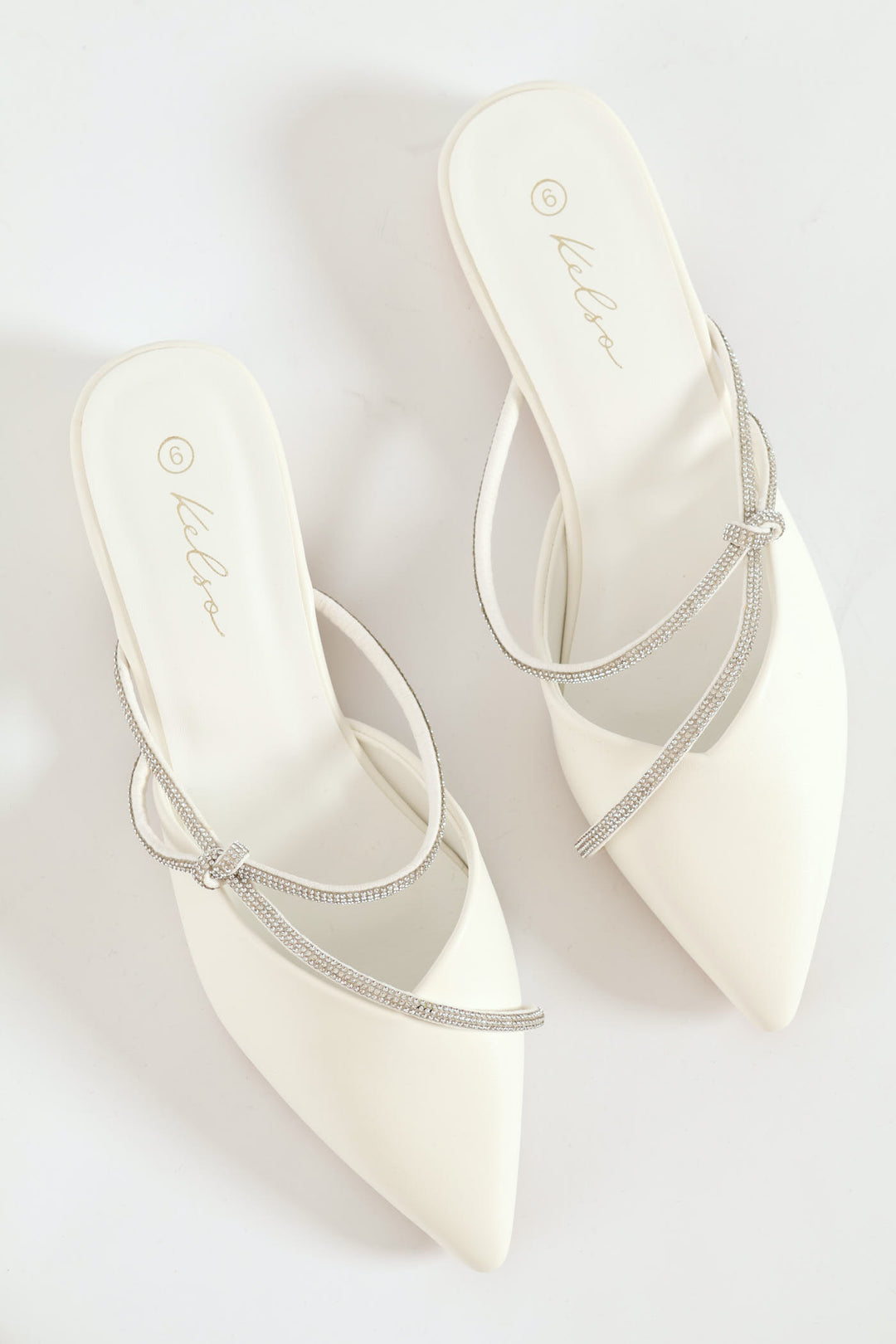 Double Diamante Strap Pointy Push In Mule - Off White