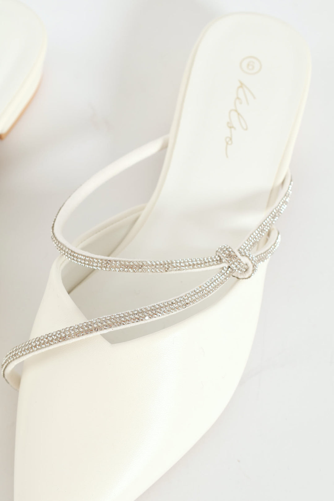 Double Diamante Strap Pointy Push In Mule - Off White