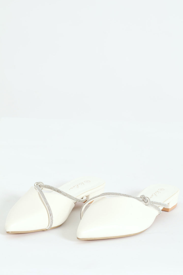 Double Diamante Strap Pointy Push In Mule - Off White