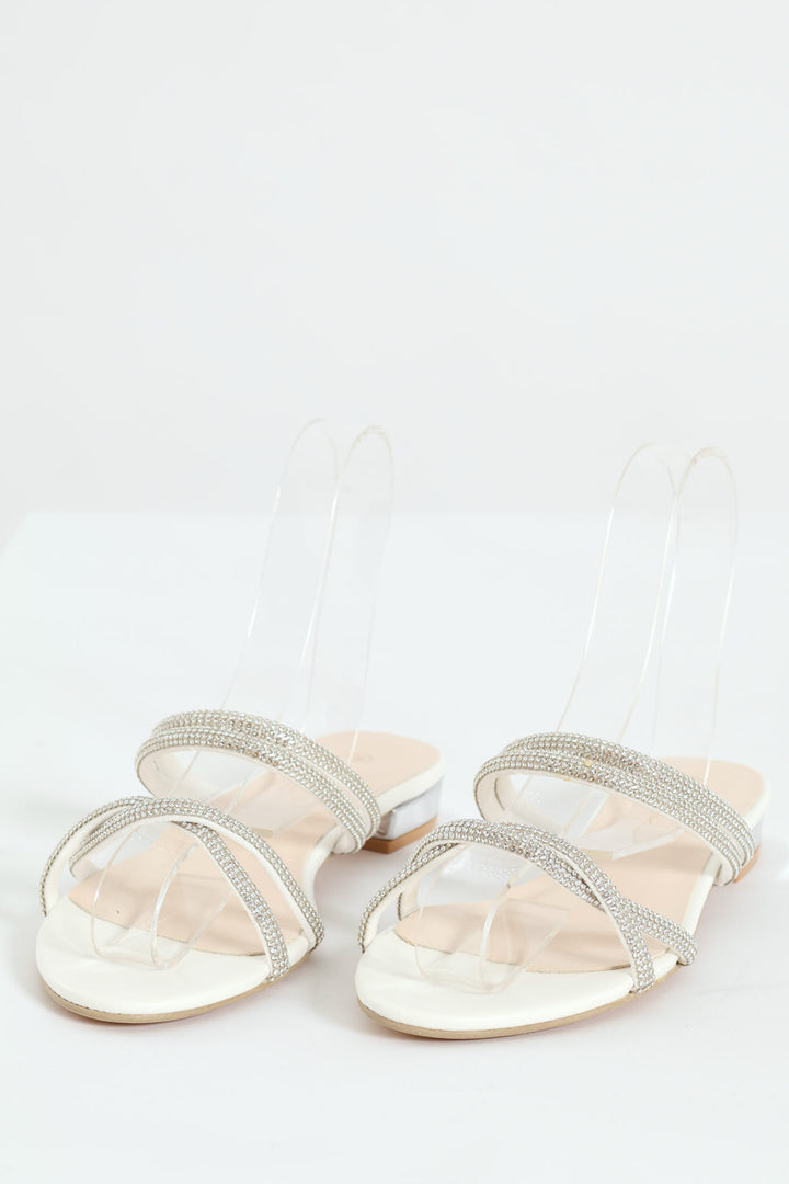 Twisted Diamante Strap Mule - White