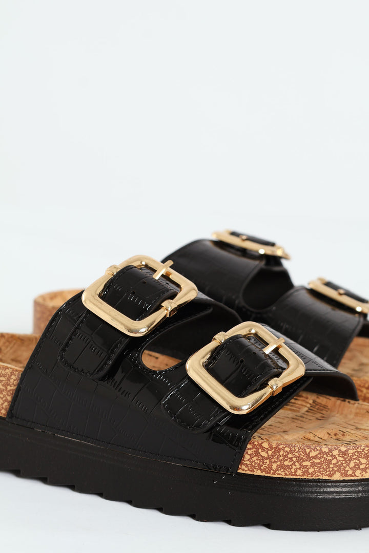 Puffed Strap Mule On Cork Outsole - Black