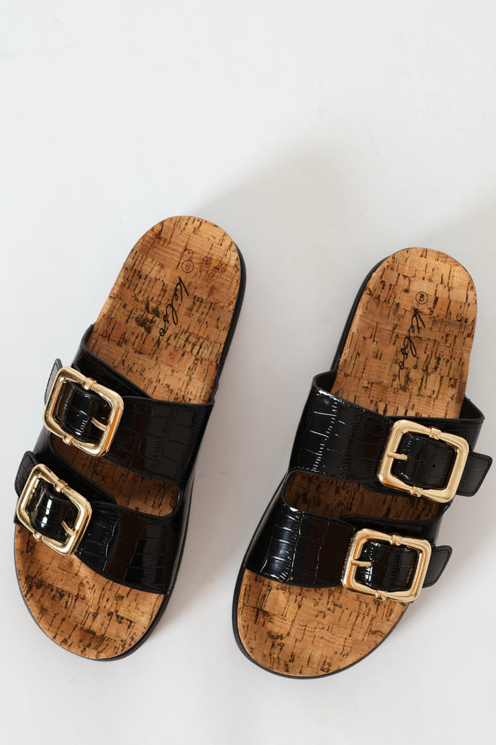 Puffed Strap Mule On Cork Outsole - Black