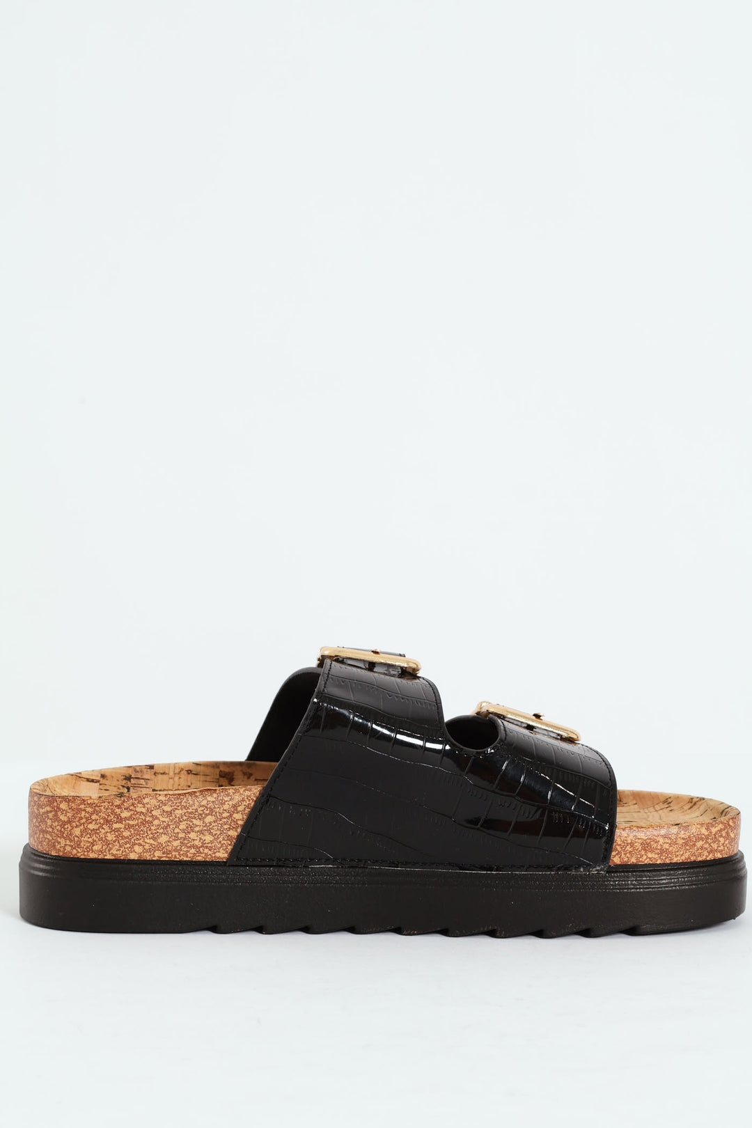 Puffed Strap Mule On Cork Outsole - Black