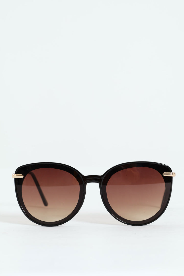 Gold Temple Rounded Cateye Grad Lense Sunglasses - Black