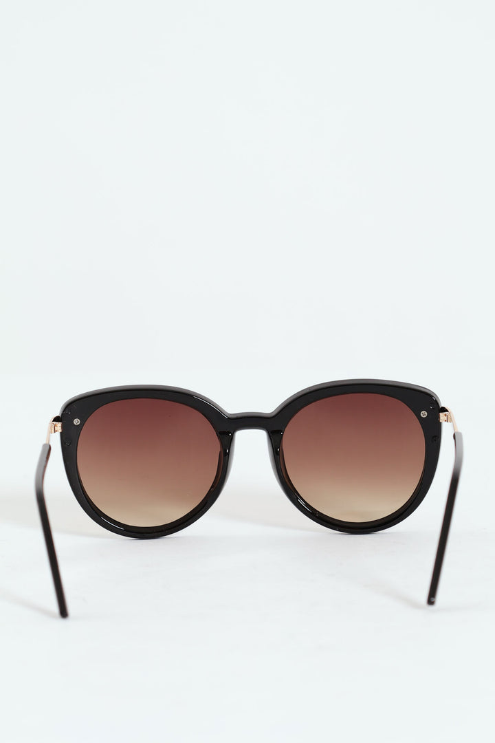 Gold Temple Rounded Cateye Grad Lense Sunglasses - Black