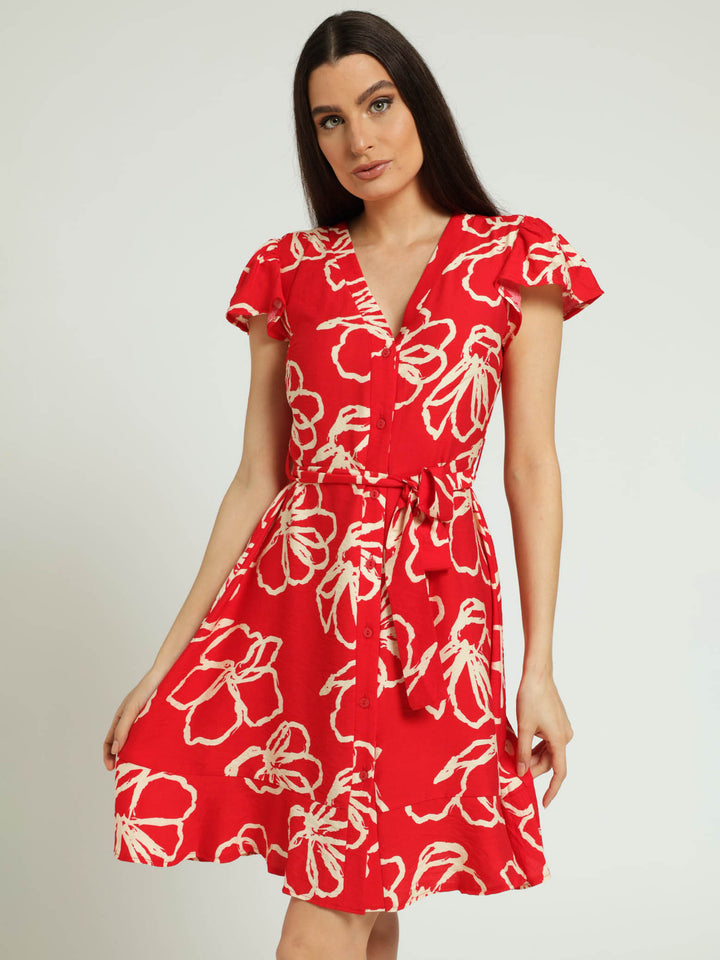 Frill Sleeve V-Neck Shirt Dress-Red