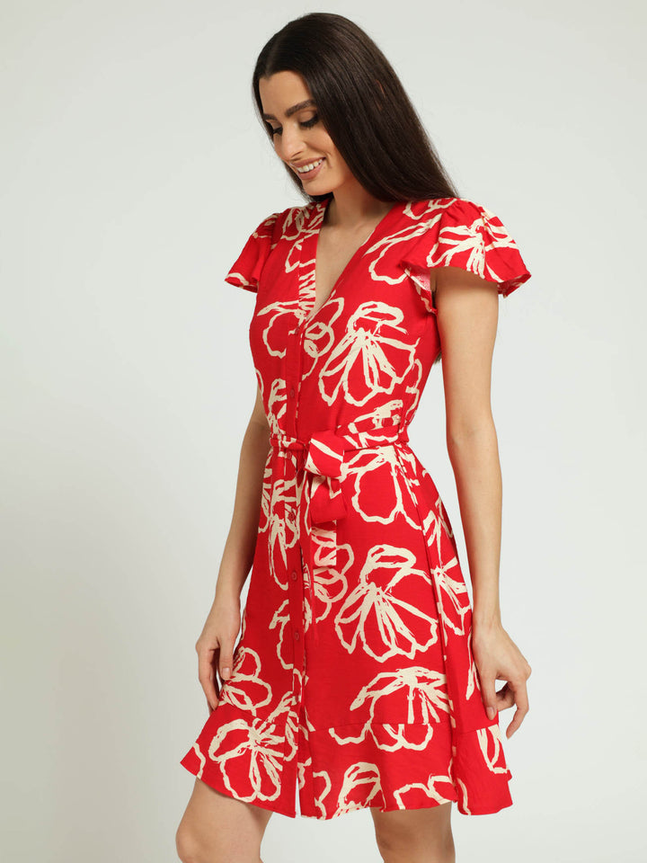 Frill Sleeve V-Neck Shirt Dress-Red