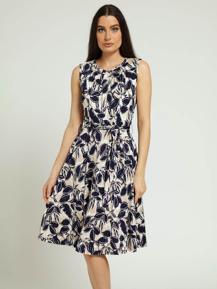 Puff Print Flare Dress With Belt - Navy