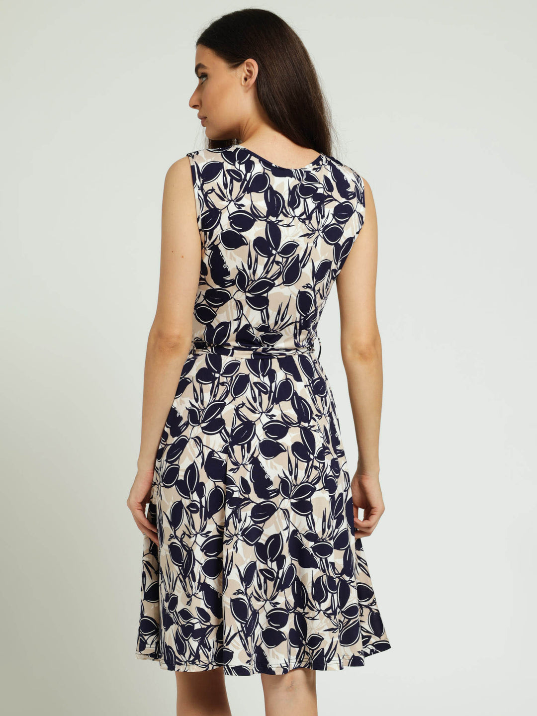 Puff Print Flare Dress With Belt - Navy