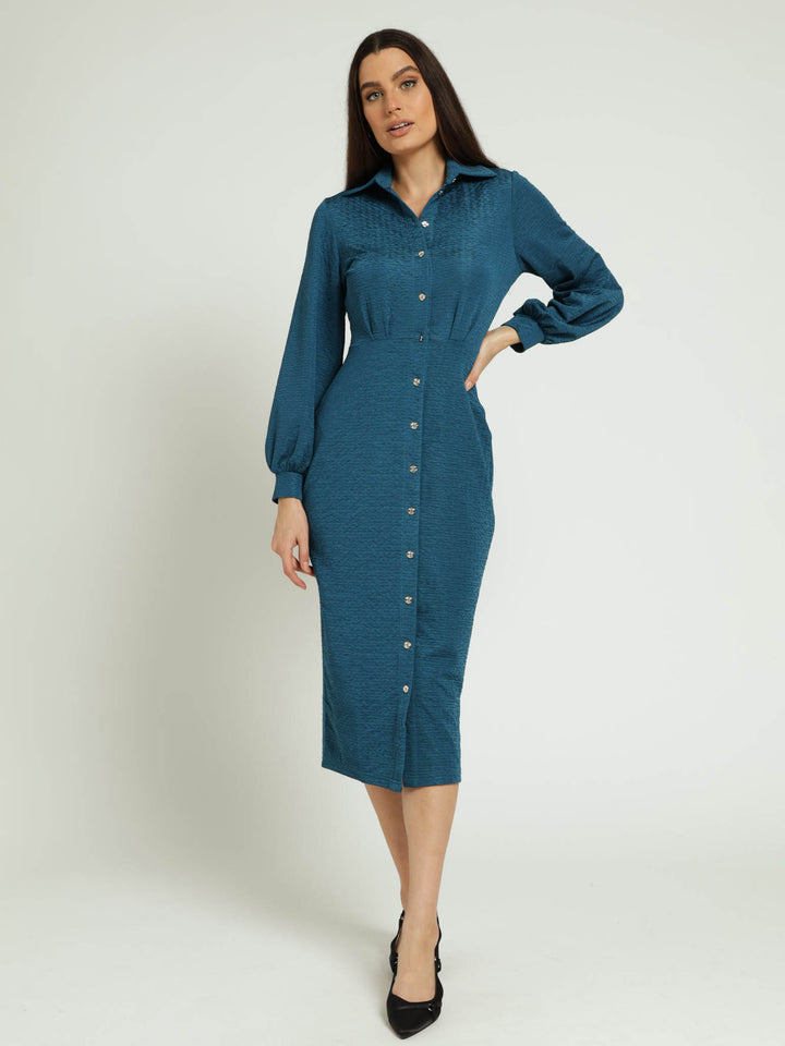 Button Through Pleat Crinkle Shirt Midi Dress - Teal