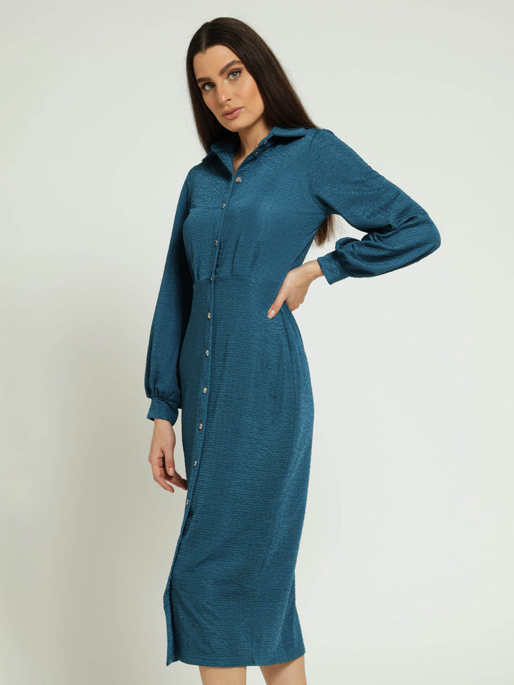 Button Through Pleat Crinkle Shirt Midi Dress - Teal