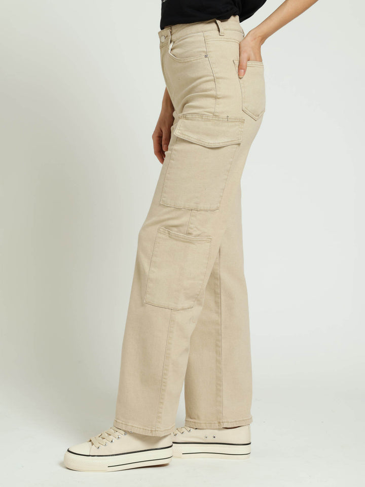 Straight Twill Wideleg Cargo Jean - Stone