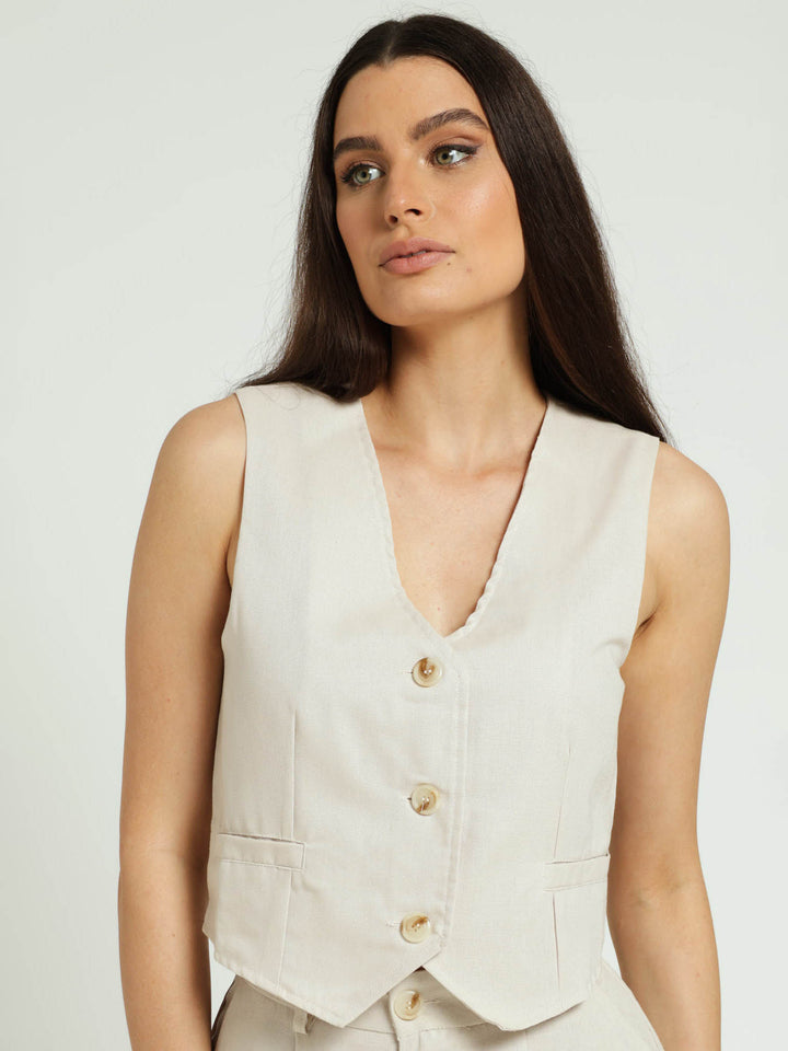 Sleeveless Linen Waistcoat - Oatmeal Melange