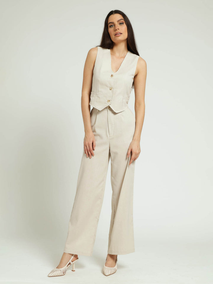 Pintuck Tailored Linen Wideleg Pants - Oatmeal Melange