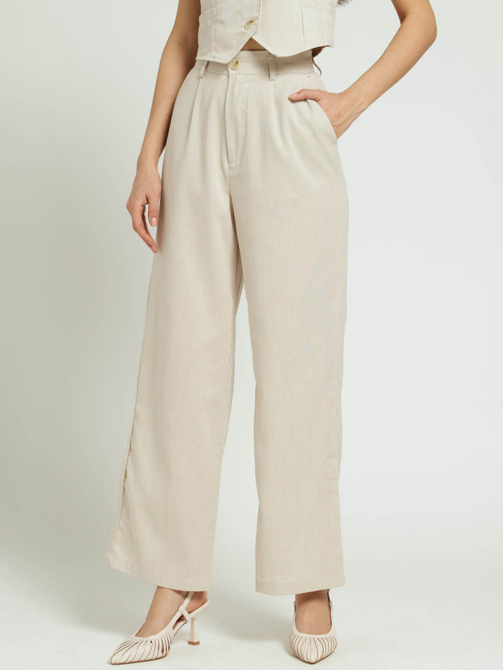 Pintuck Tailored Linen Wideleg Pants - Oatmeal Melange