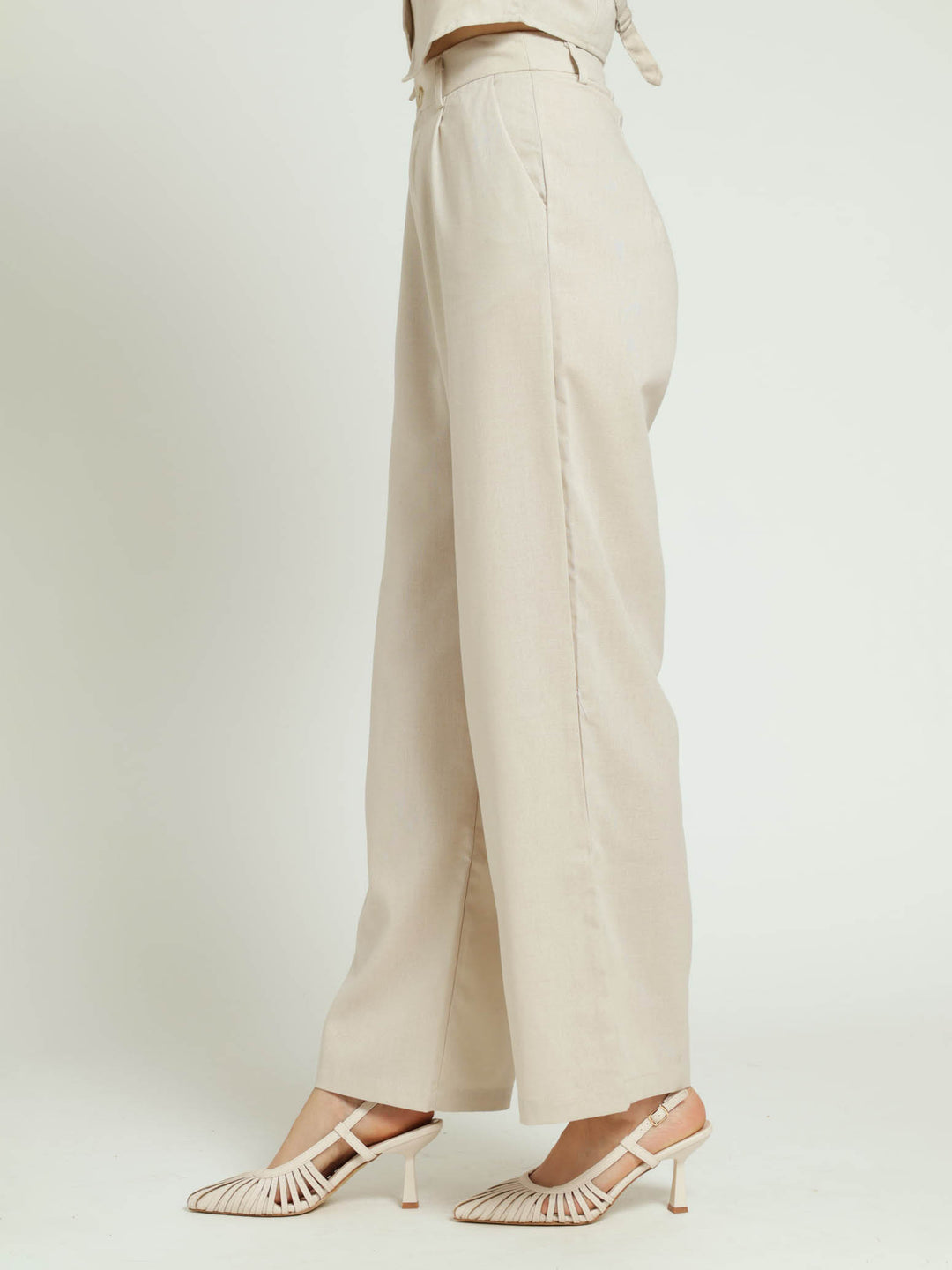 Pintuck Tailored Linen Wideleg Pants - Oatmeal Melange