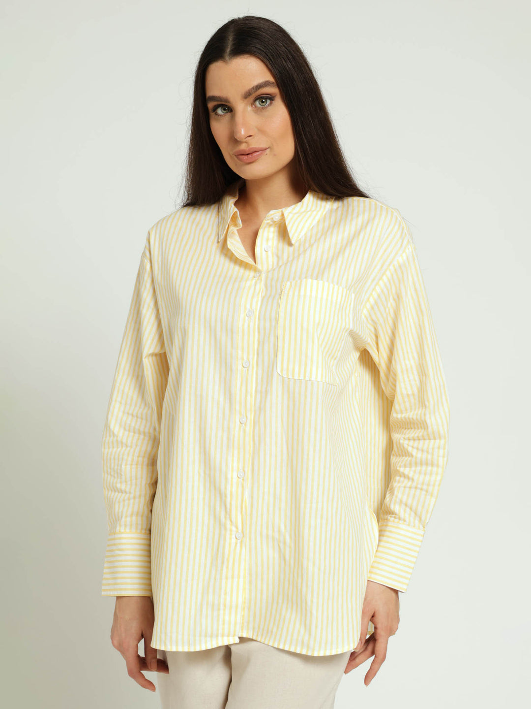 Long Sleeve 1 Pocket Stripe Oversized Poplin Shirt - Light Yellow