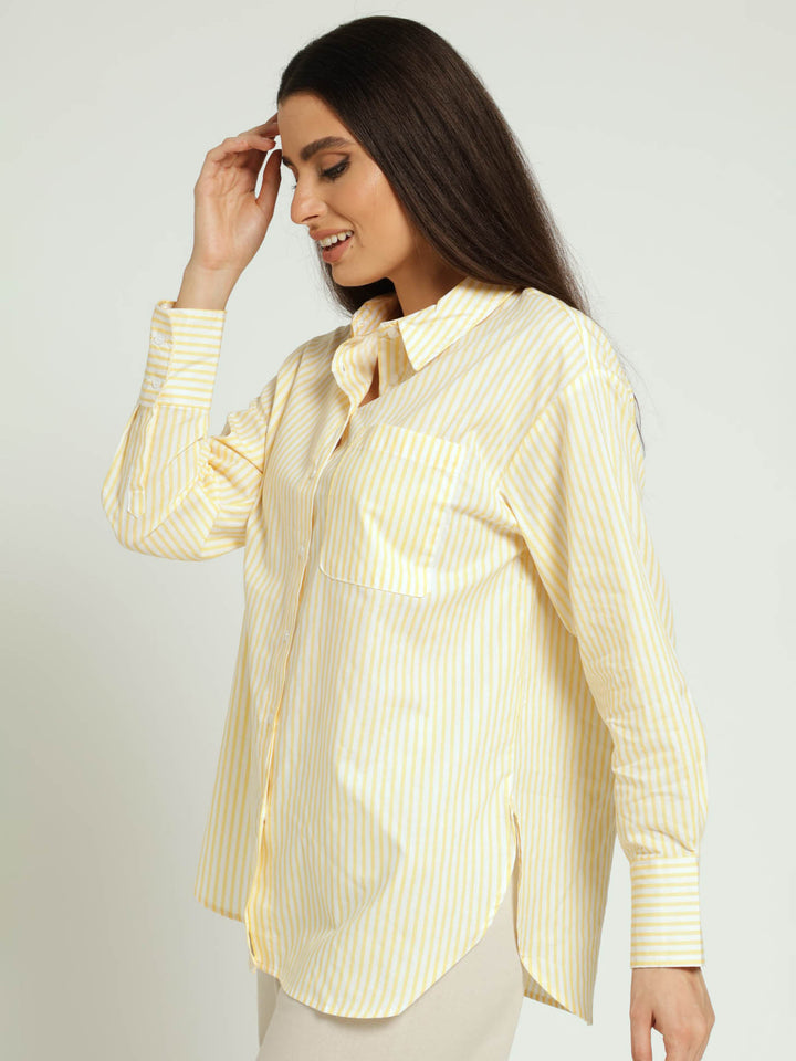 Long Sleeve 1 Pocket Stripe Oversized Poplin Shirt - Light Yellow