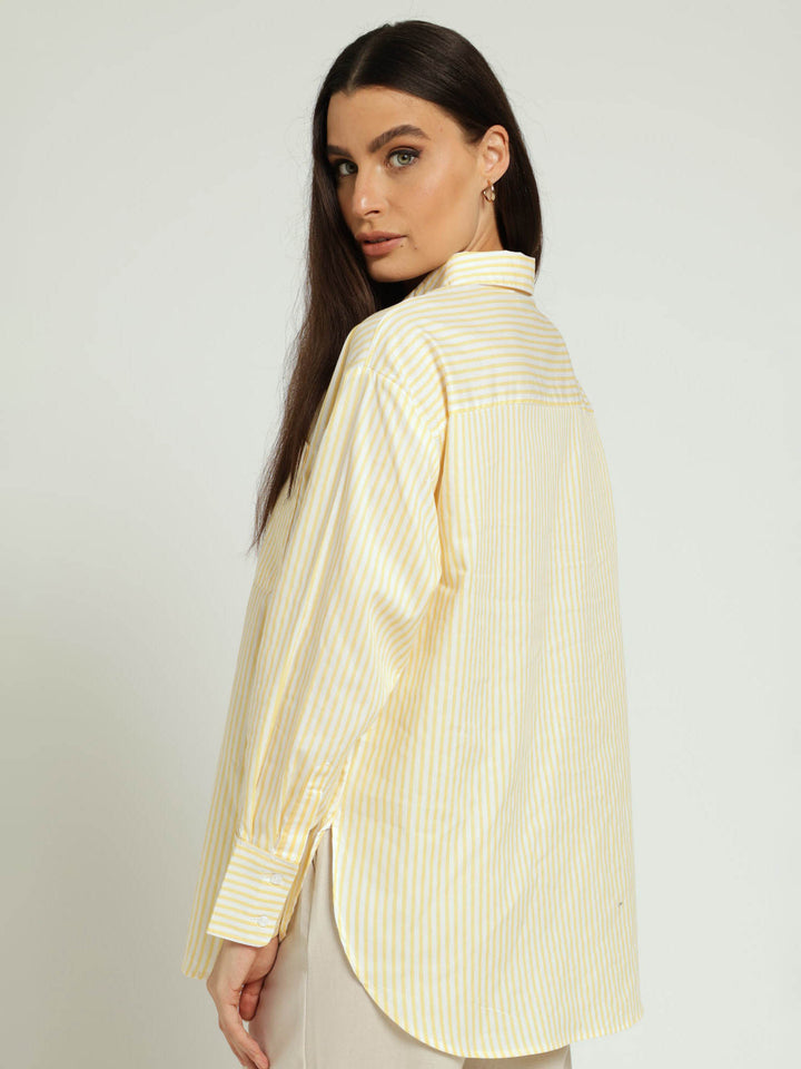 Long Sleeve 1 Pocket Stripe Oversized Poplin Shirt - Light Yellow