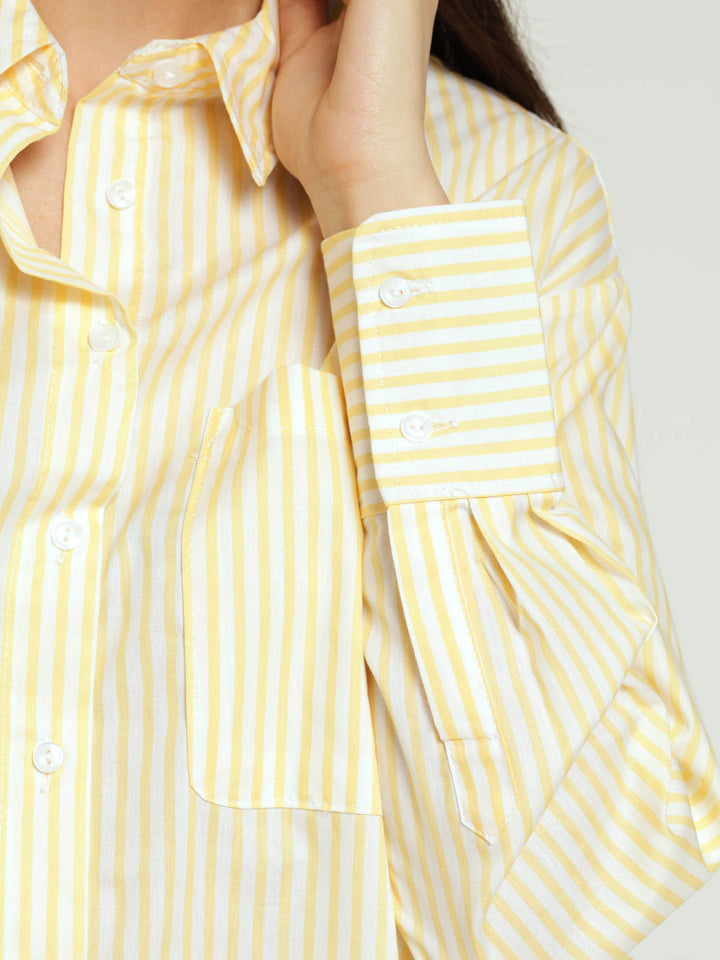 Long Sleeve 1 Pocket Stripe Oversized Poplin Shirt - Light Yellow