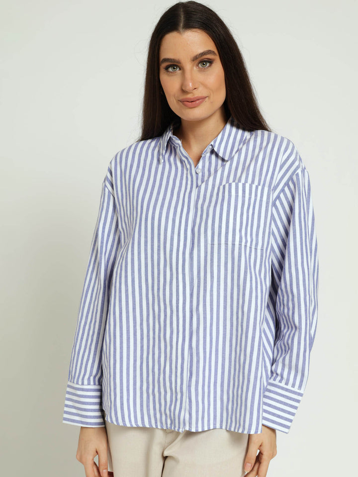 Long Sleeve Oversize Stripe Shirt - Blue