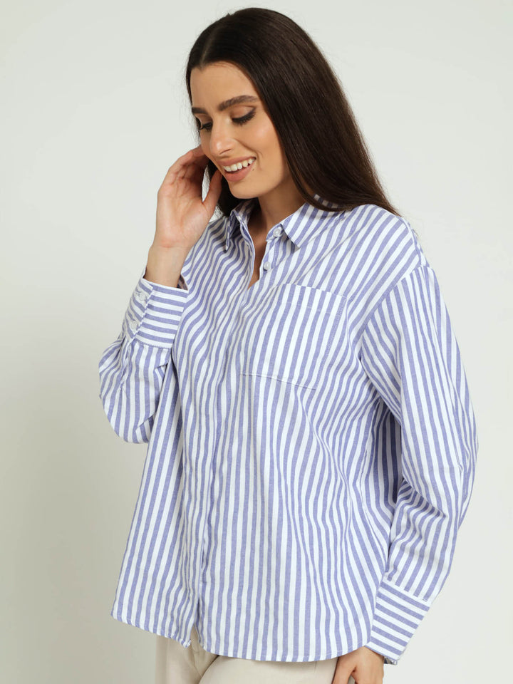 Long Sleeve Oversize Stripe Shirt - Blue