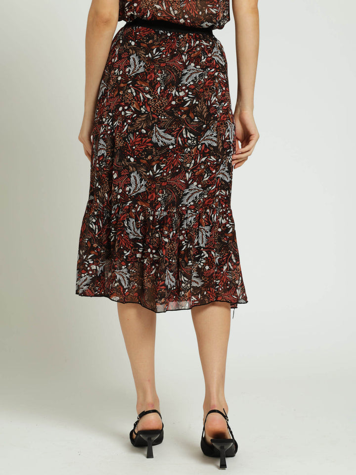 Chiffon Tier Midi Skirt-Rust