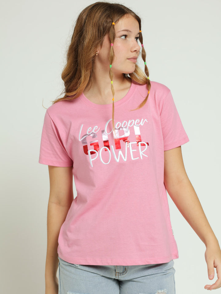 Girls Foil Embroided Tee - Pink