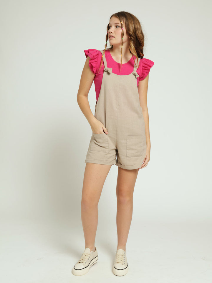 Girls Linen Dungaree - Stone