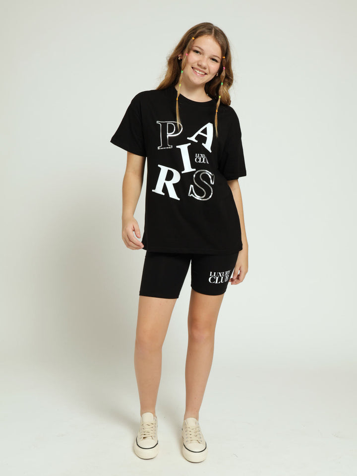 Girls Paris Oversized Tee - Black