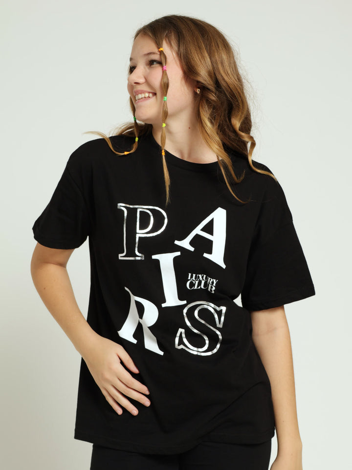 Girls Paris Oversized Tee - Black