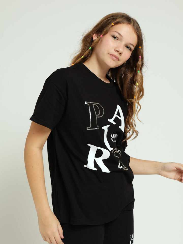 Girls Paris Oversized Tee - Black