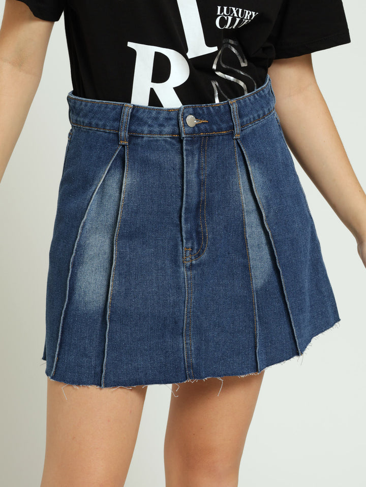 Girls Pleated Denim Skirt - Dark Blue