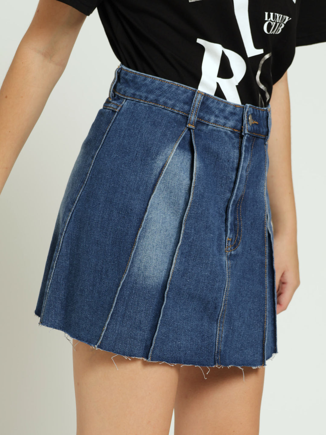 Girls Pleated Denim Skirt - Dark Blue