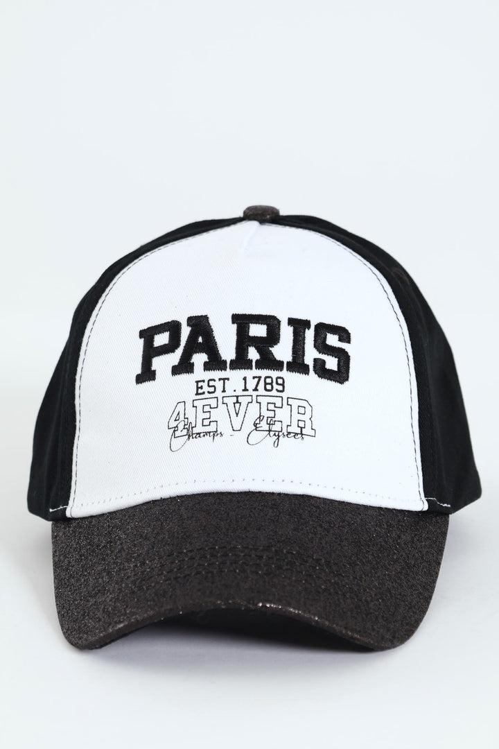 Girls Paris Embossed Glitter City Cap - Black