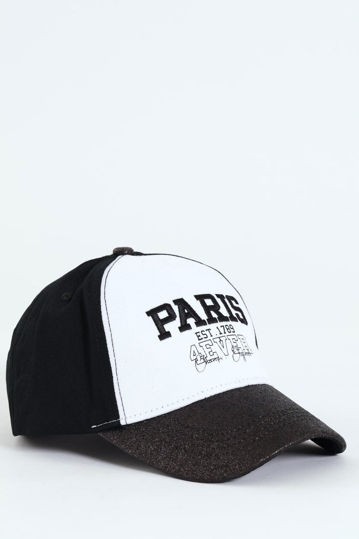 Girls Paris Embossed Glitter City Cap - Black