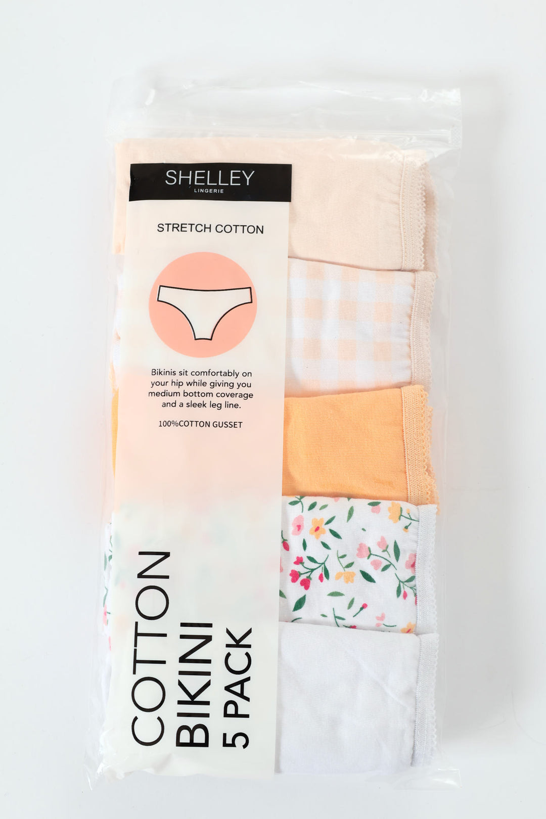 5 Pack Cotton Stretch Bikini Panties - Floral/White/Check/Orange