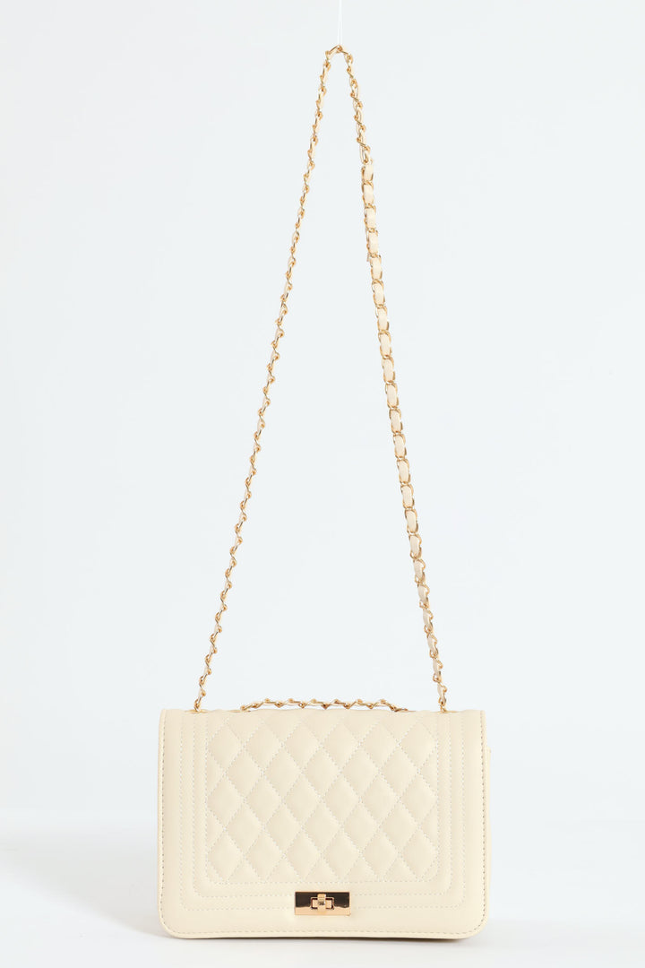 Quilted Chain Satchel - Cream