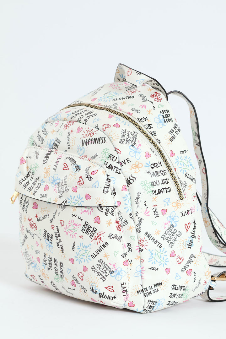 Graffiti Printed Backpack - White