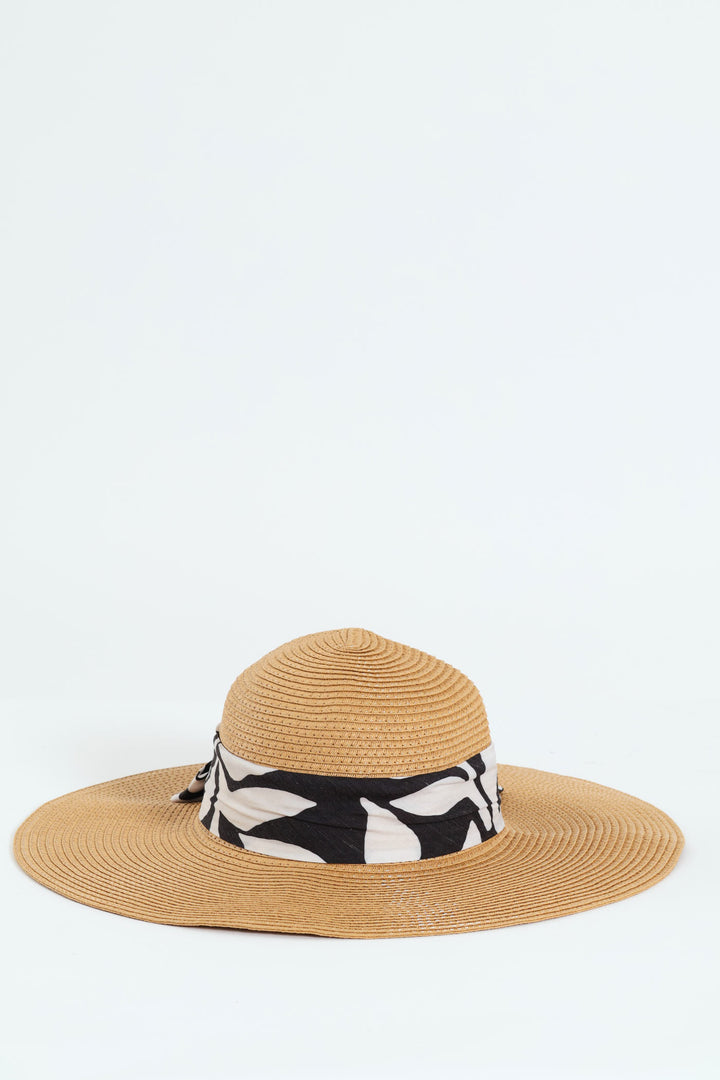 Floral Ribbon Wide Brim Sunhat - Tan